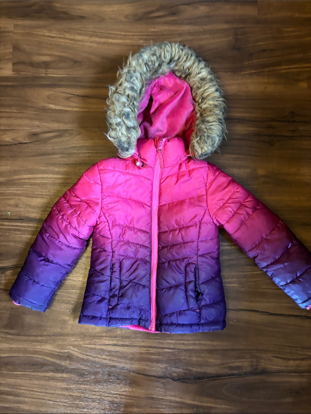SO Girls' Pink to Purple Ombre Puffer Jacket with Faux Fur Trim Hood